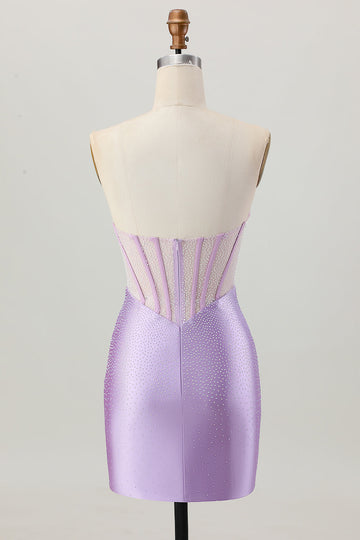 Lilac Beaded Strapless Corset Short Satin Cocktail Dress